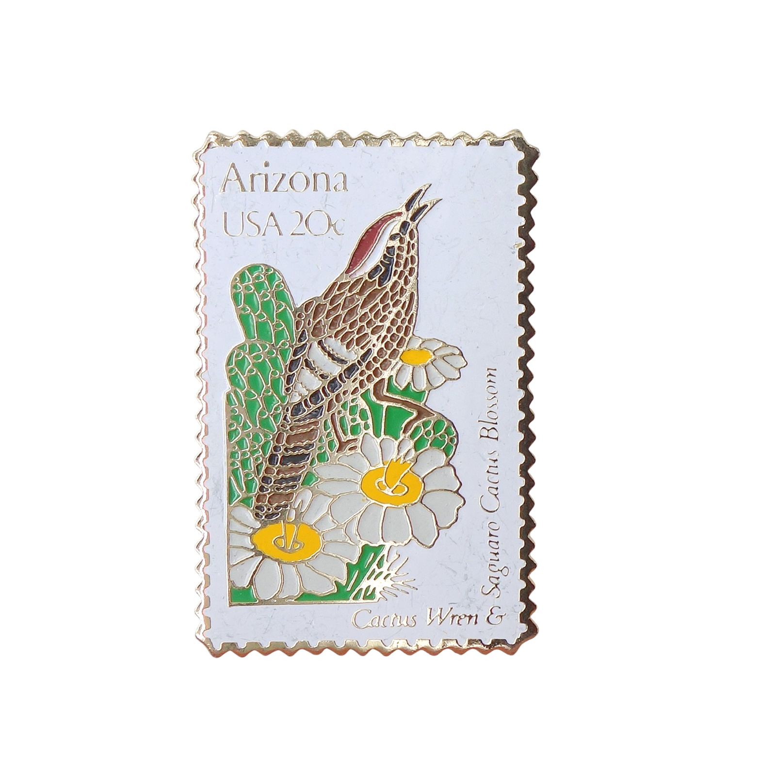 Arizona USA 20c サボテンミソサザイと州花のサワロサボテンの花 切手型 ピンズ